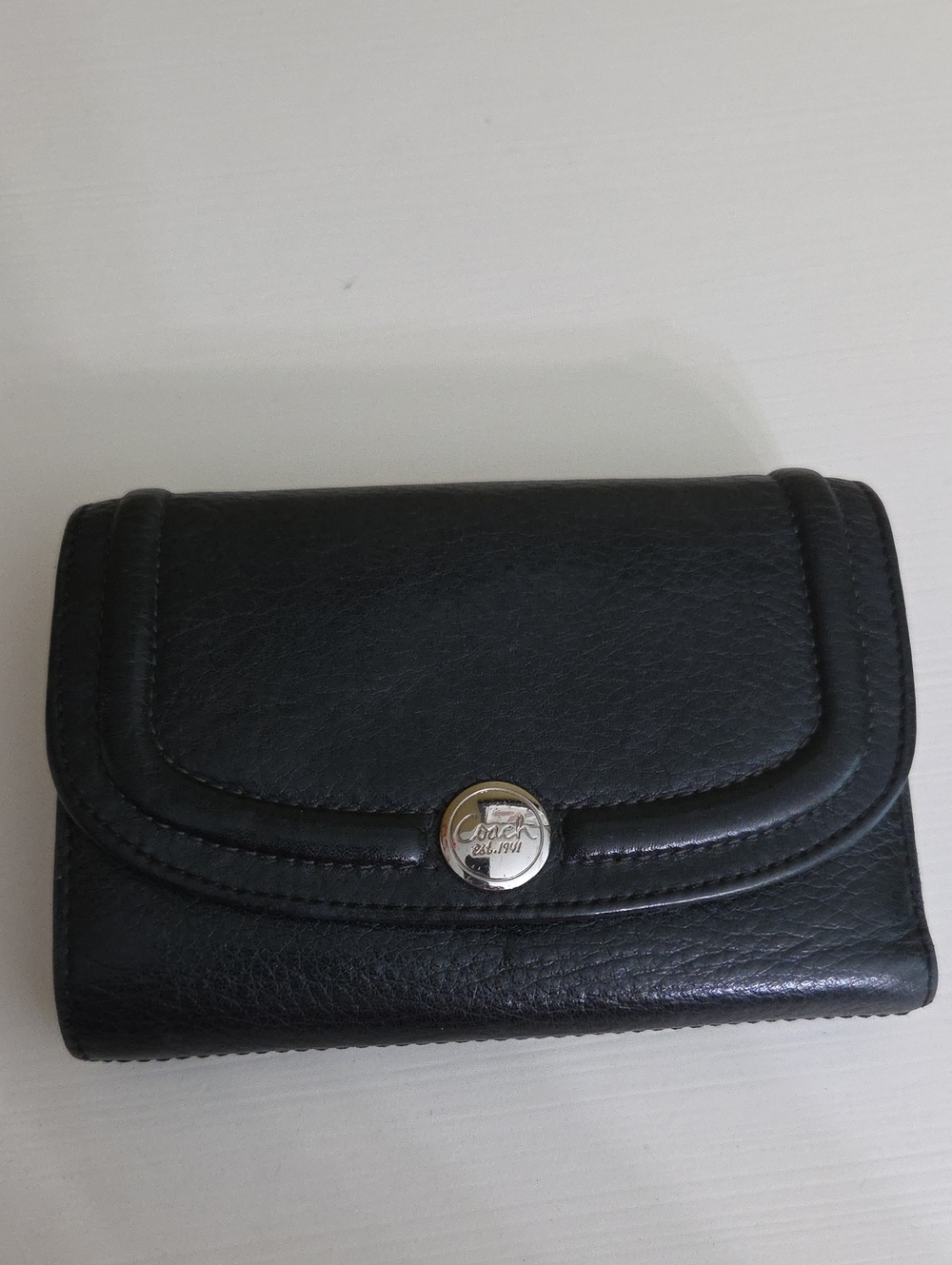 Coach Black Pebbled Leather Snap Compact Wallet with Silver Logo